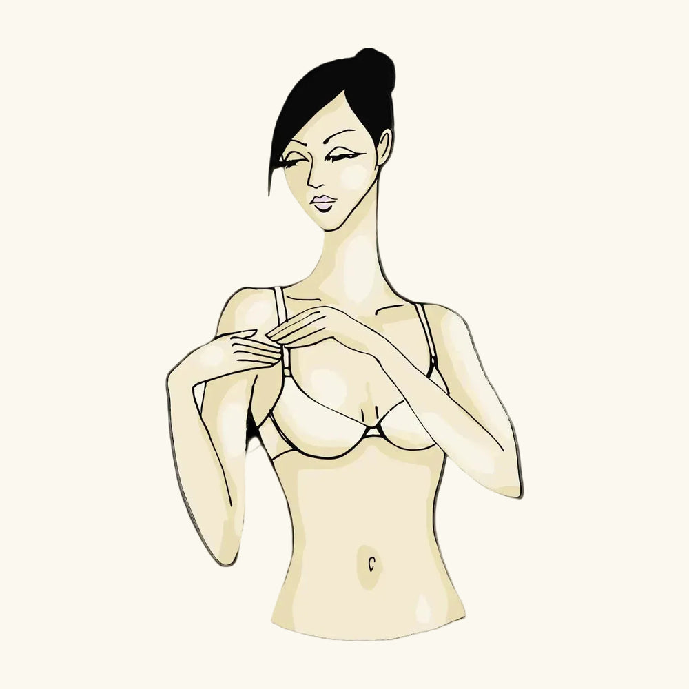 A stylized illustration of a woman in a beige skin tone with black hair, wearing a light beige bra, set against a solid black background.