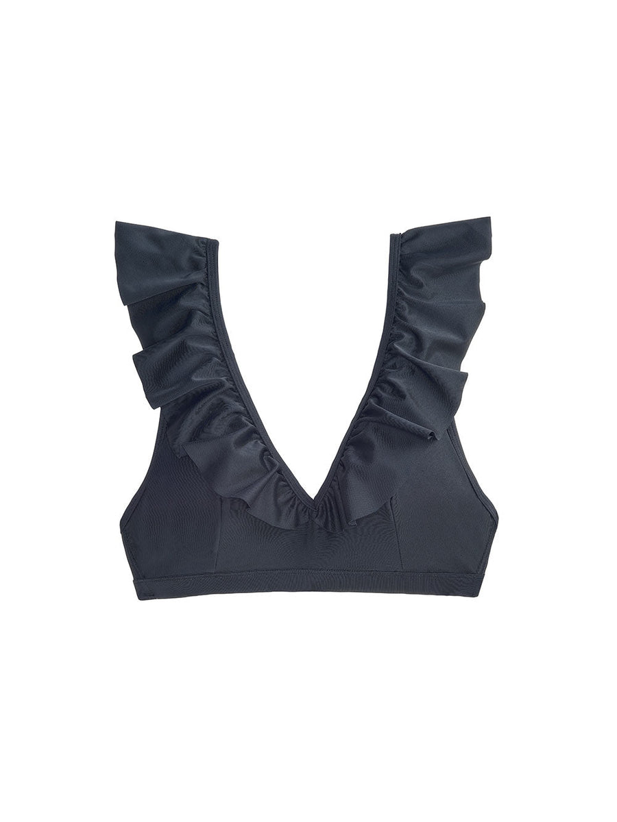 black ruffle swim top